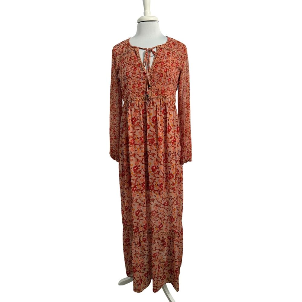 Women's M Cottagecore Prairie Floral Sheer Ruffle‎ Maxi Dress Burnt Orange Fall